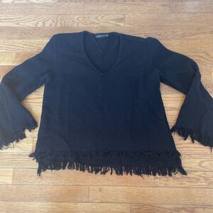 Zara Woman Black Tweed Blouse Solid Fringe 3/4 Sleeve V Neck High Low‎ Size S